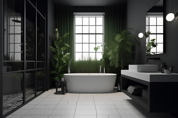 Interior of large bathroom in black colors with window and  decorative plants in modern house.