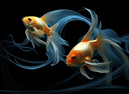 Golden Fish Duo in Blue.
Two golden fish with flowing blue fins in dark water.