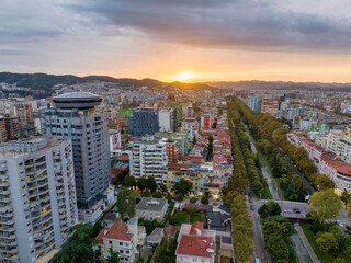 Tirana city skyline showing the new colorful high-rise buildings 