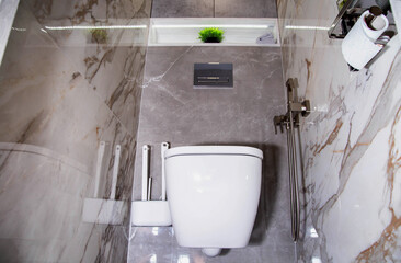 View of the interior of a modern bathroom renovation with a hanging toilet bowl, a hygienic shower...