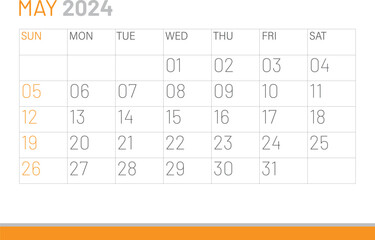 Calendar May 2024, corporate design template vector. Desk calendar 2024 - obrazy, fototapety, plakaty