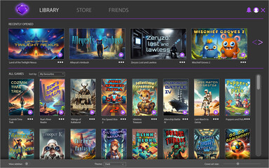 Fictitious video game launcher library app. My own original, generic design. © synthetick