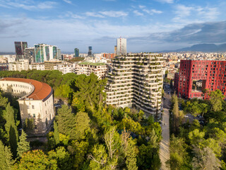 Aerial image of Tirana city skyline on early evening