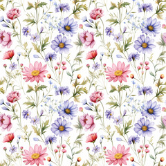 Seamless Watercolor Wild Flowers Pattern Botanical Elegance