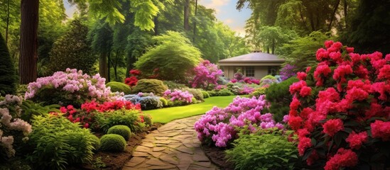 In the summer the garden becomes a haven of colorful beauty with vibrant red and pink flowers lush green leaves and an array of plants showcasing the floral splendor of nature