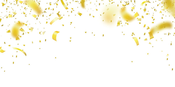 Falling gold confetti. Glitter confetti frame on white background. Anniversary celebration. Holiday design elements. Vector illustration