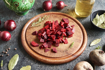 Chopped beetroot with spices - preparation of fermented beet kvass - obrazy, fototapety, plakaty