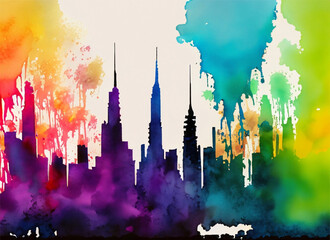 spilled colored paint that forms the silhouette of the building