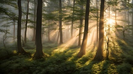 beauty of a forest at dawn, where sunlight through the mist, casting a warm glow on dew-covered leaves and creating magical rays of light.