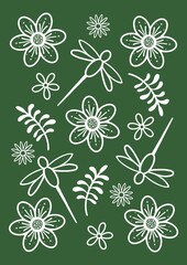 Dragonfly design. Line art dragonfly, flower and fern motifs in white on a bold green background. All over pattern.