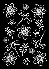 Dragonfly design. Line art dragonfly, flower and fern motifs in white on a black background. All over pattern.