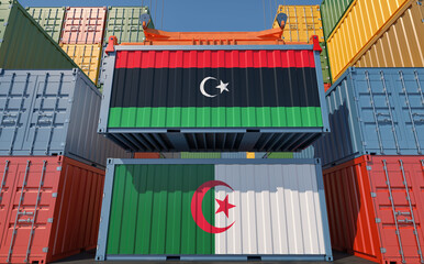 Cargo containers with Algeria and Libya national flags. 3D Rendering 