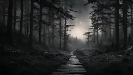 Foto op Canvas night time forest pathway with an emphasis on the interplay between deep blacks and silvery grays © AI By Ibraheem