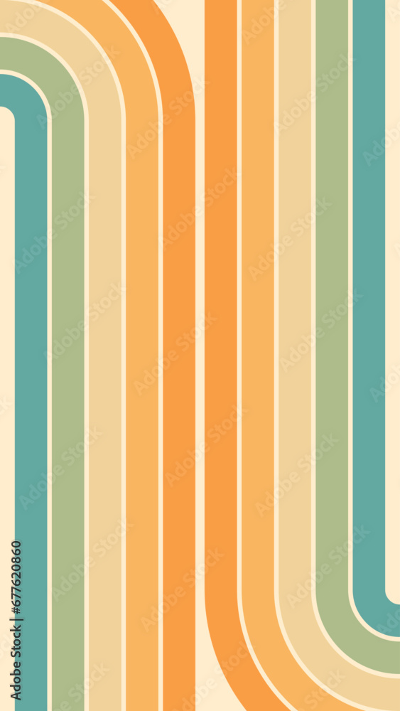 Wall mural abstract background of rainbow groovy wavy line design in 1970s hippie retro style. vector pattern r