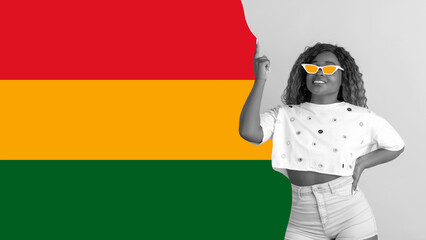 Poster. Contemporary art collage. Black and white portrait of young African-American woman in painted sunglasses with colored free space.