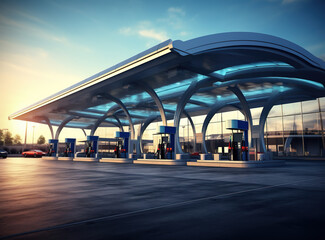 A gas station with a futuristic design under the open sky at dusk, a blue-cyan color scheme creates a sense of innovation and progress.