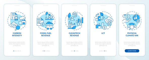 2D icons representing climate metrics mobile app screen set. Walkthrough 5 steps blue graphic instructions with thin line icons concept, UI, UX, GUI template.