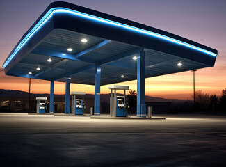 An evening gas station with blue roof lighting and illuminated fuel pumps against the horizon.