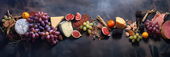 A diverse assortment of cheeses, ham, fruits, and nuts is neatly arranged on a dark marble background, creating an elegant buffet spread. Food banner