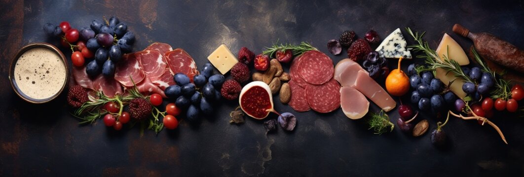 An extensive selection of meat delicacies, cheeses, berries, and grapes presented on a dark textured surface for a culinary delight. Food banner