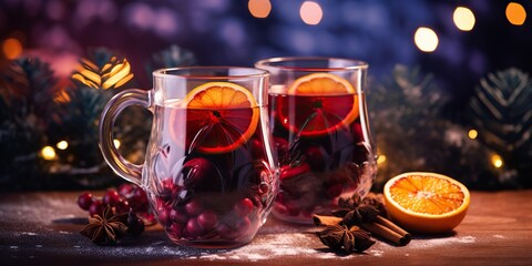 Fototapeta premium Two glass mugs with mulled wine with slices of orange and cinnamon, sprinkled with powdered sugar, next to Christmas decorations.