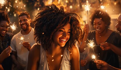 Young adults of various nationalities, including African Americans, joyfully celebrate with sparklers against a backdrop of city lights.