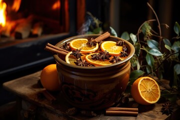 A brown clay pot filled with mulled wine, decorated with orange slices, cinnamon sticks, and star anise, sits on a wooden table against the backdrop of a fireplace fire. Winter food - obrazy, fototapety, plakaty