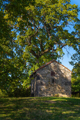 Fototapeta na wymiar An ancient Orthodox church made of stones on a hill against the background of an oak tree on a sunny, clear day. Concept of religion, ancient history. Vertical photo