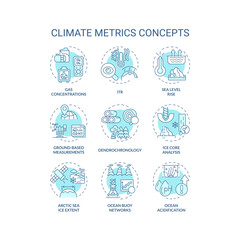 Set of 2D editable blue thin line icons representing climate metrics, isolated vector, linear illustration.