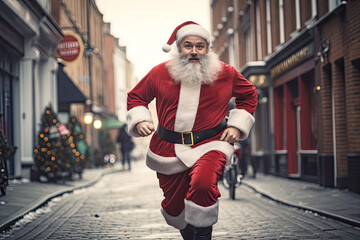 Santa Claus runs down the christmas street - obrazy, fototapety, plakaty