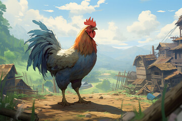 illustration of a painting of a chicken in nature - obrazy, fototapety, plakaty