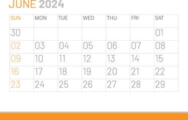 Calendar June 2024, corporate design template vector. Desk calendar 2024