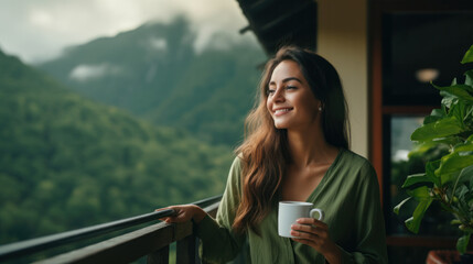 Young beautiful woman drinking coffee while sitting on a balcony in a wooden house overlooking the mountains - obrazy, fototapety, plakaty