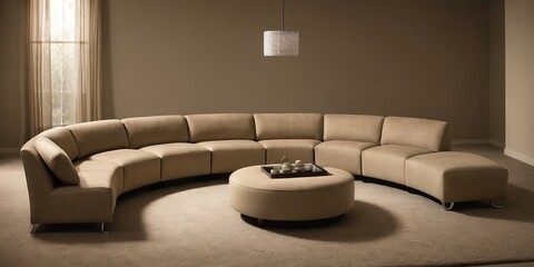 Curved sofa in the beige curved room design, beautiful curved room concept, earth tone, beige color