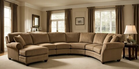 Curved sofa in the beige curved room design, beautiful curved room concept, earth tone, beige color