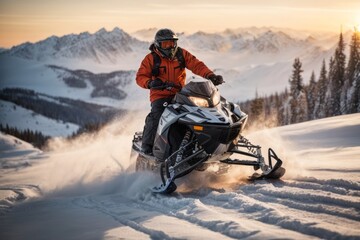 A man wearing a insulated winter jacket and trousers rides a snowmobile leaving footprints in nature against the backdrop of high mountains with snow at sunset. Hobbies, outdoor activities