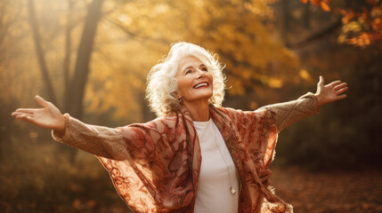 Happy senior woman with hands up standing in autumn park. Adult woman smiling looks up with raised hands. Yellow trees on background. Retirement, elderly health, life insurance, free breathing concept