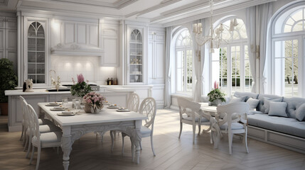 Fototapeta na wymiar Luxurious interior design of white kitchen dining
