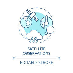 2D editable blue satellite observations icon, monochromatic isolated vector, climate metrics thin line illustration.