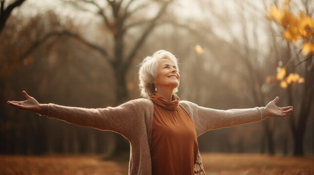 Happy senior woman with hands up standing in autumn park. Adult woman smiling looks up with raised hands. Yellow trees on background. Retirement, elderly health, life insurance, free breathing concept