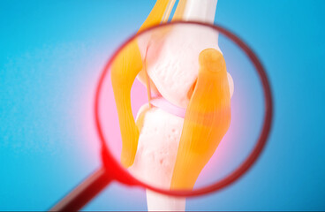 Medical mockup of a knee joint on a blue background under a magnifying glass. Concept of pain and...