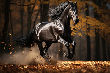 A black stallion gallops in the autumn forest. A beautiful pet.