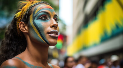 Obraz premium Beautiful carnival dancer close up portrait. Brazilian folk festival, costumes with colorful feathers