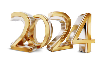 2024 golden symbol, gold silver metallic glossy, ne year Sylvester, bold number, isolated 3d-illustration - obrazy, fototapety, plakaty
