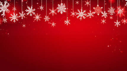 Naklejka na ściany i meble Festive Christmas banner with delicate snowflakes, neon garlands, and artificial snow on a red background