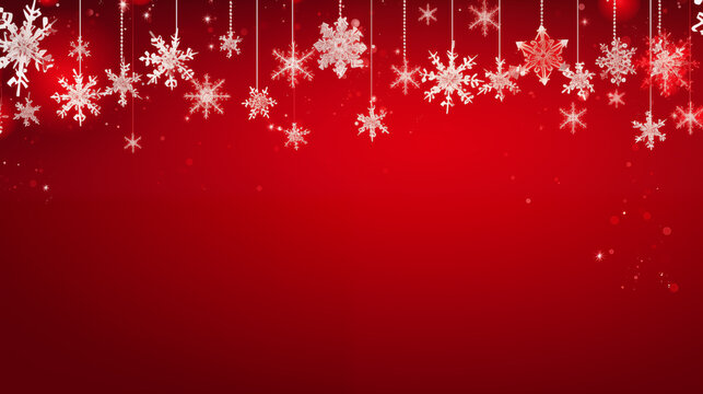 Festive Christmas banner with delicate snowflakes, neon garlands, and artificial snow on a red background