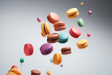 Obraz premium different colorful of macarons floating on the air isolated on clean background