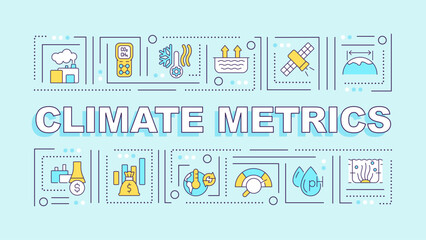 Climate metrics text with various thin line icons concept on blue monochromatic background, editable 2D vector illustration.