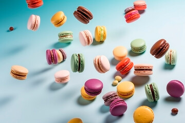 Obraz premium different colorful of macarons floating on the air isolated on clean background