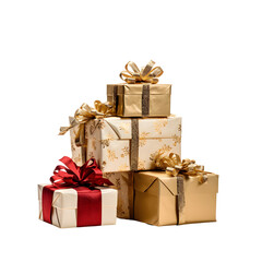 Obraz premium Colourful stack of gift boxes with festive ribbons, ideal for celebrations and holidays. Transparent background png